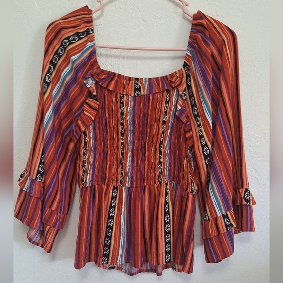 Savanna Jane Women's Smock Top Aztec Separe Striped Print Peplum Western Size S - Picture 4 of 6
